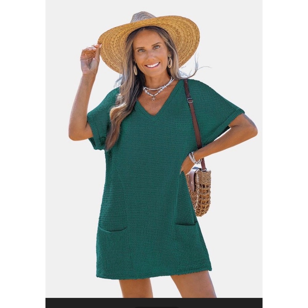 Cupshe Waffle Knit V-Neck Beach Cover Up Dress Teal Green Pockets Medium‎ NWT